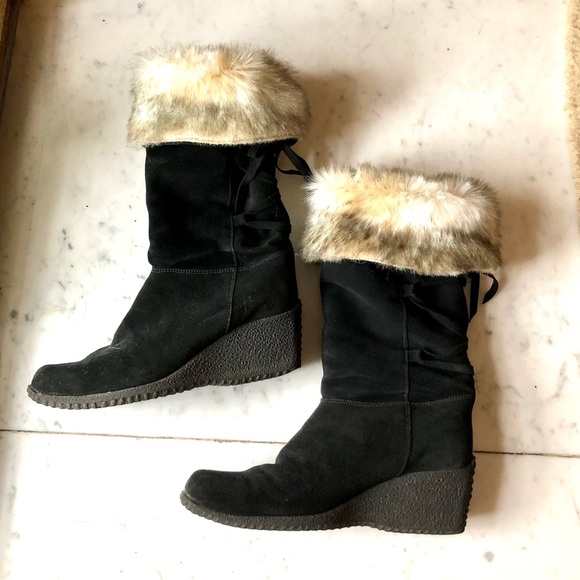 Santana Canada Suede Wrap Fur Wedge Boots 8 - Picture 1 of 8